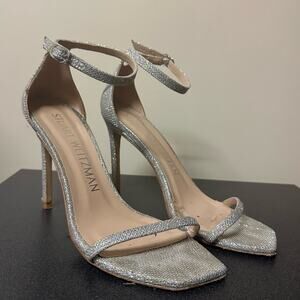 Stuart Weitzman Nudistcurve Glitter Ankle Strap Sandals Silver Crystal Size 8.5